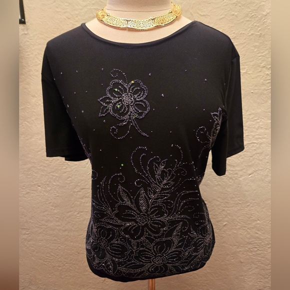 Vintage Tops - Vintage Y2K Michael K. Beaded Floral Top – Black Sparkle